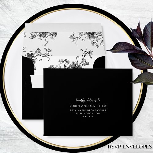 Elegant RSVP Black and White with Floral Envelope
