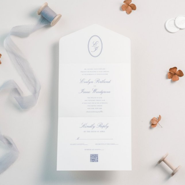 Elegant RSVP Calligraphy Dusty Blue QR Code All In One Invitation (Creator Uploaded)