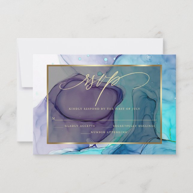 Elegant RSVP Deep Purple Aqua Marble Ink  Card (Front)