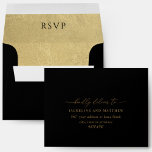 Elegant RSVP Envelope, Black Outside, Inside Gold Envelope<br><div class="desc">Elegant self- addressed RSVP envelope, black in the outside, and inside in attractive gold foil print background with delicate hand drawn foliage in faux gold foil. Ability to add your name(s) and address or to erase from text boxes to add later at home. Graceful modern hand written calligraphy details. Design...</div>