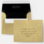 Elegant RSVP Envelope in Gold and Inside in Black<br><div class="desc">Elegant self- addressed RSVP envelope with gold faux foil texture in the outside, and inside in black with delicate hand drawn foliage in faux gold foil. NOTE: inside and outside golden detail are not in real gold foil but rather prints in golden hues. Ability to add your name(s) and address...</div>