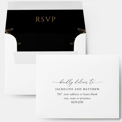 Elegant RSVP Envelope in White Black and Gold 
