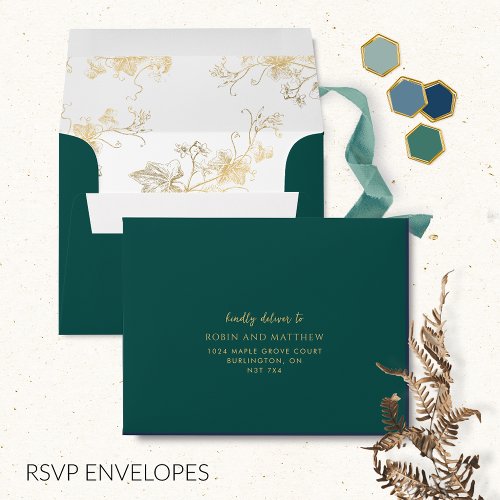 Elegant RSVP Green with Gilded Floral Envelope