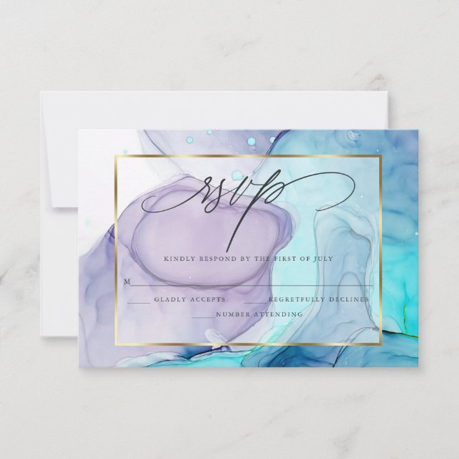 Elegant RSVP Marbled Ink  Vibrant Aqua Violet Card (Front)