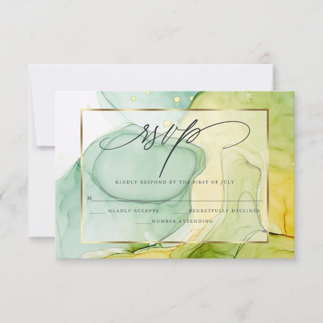 Elegant RSVP Marbled Vibrant Greens and Golds  (Front)