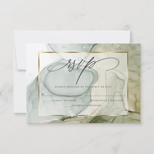 Elegant RSVP Marbled Vibrant Greens and Golds  (Front)