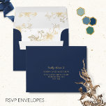 Elegant RSVP Navy Blue with Gilded Floral Envelope<br><div class="desc">Elegant navy blue RSVP envelope. Delight your guest as they open the envelope to find delicate faux gilded floral botanical pattern inside. Design coordinating our "Enchanting Celestial Starry Night" collection invites. Envelope are sold in bulk, with the same printed identical couples names and address in all of them. NOTES: 1)...</div>