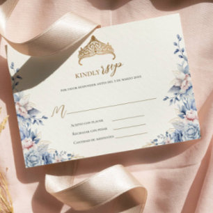 Elegant rsvp quinceañera Floral gold blue pink  Card