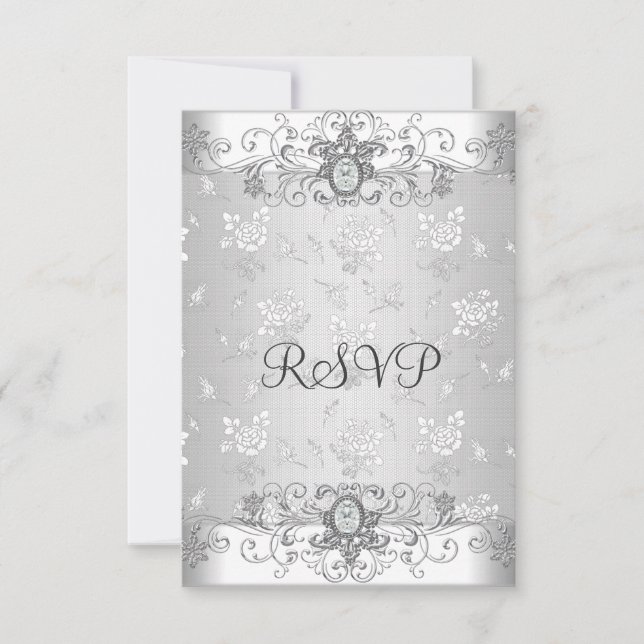 Elegant RSVP Silver White Diamond Lace Card (Front)
