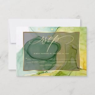 Elegant RSVP Vibrant Greens and Golds Marbled Ink  Card