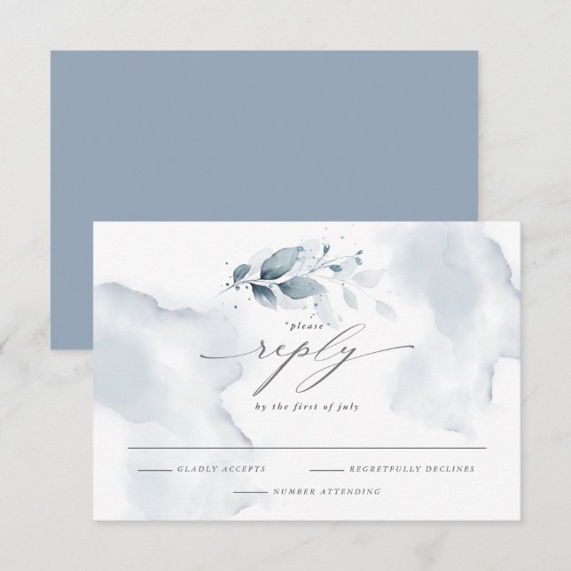 Elegant RSVP Watercolor Foliage Dusty Blue  (Front/Back)