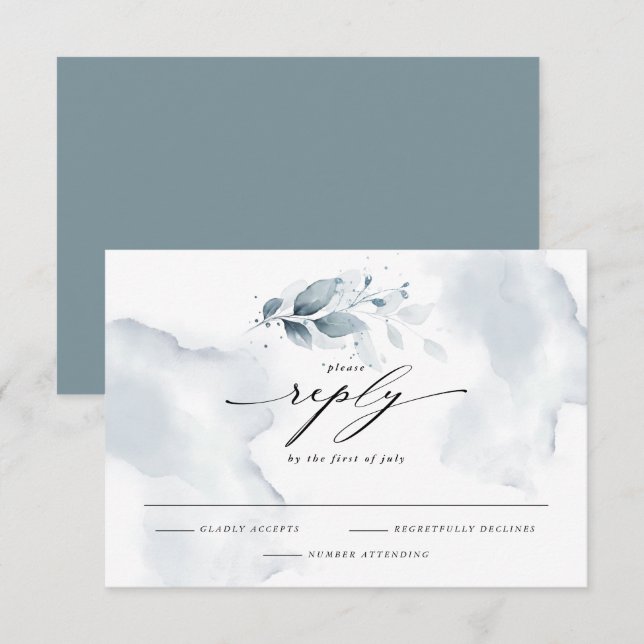 Elegant RSVP Watercolor Foliage Dusty Teal Card (Front/Back)