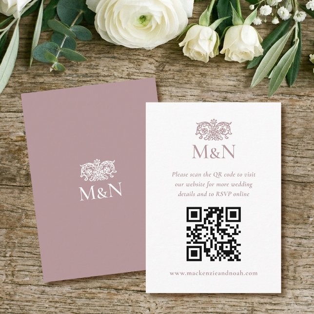 Elegant RSVP Wedding Monogram QR Code Dusty Pink Enclosure Card (Creator Uploaded)