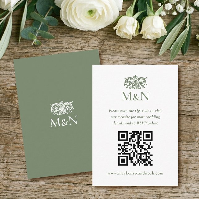Elegant RSVP Wedding Monogram QR Code Green Enclosure Card (Creator Uploaded)