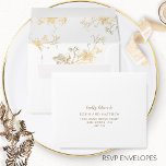 Elegant RSVP White and Gold with Gilded Floral Envelope<br><div class="desc">Elegant white and gold RSVP envelope. Delight your guest as they open the envelope to find delicate faux gilded floral botanical pattern inside. Design coordinating our "Enchanting Celestial Starry Night" collection invites. Envelope are sold in bulk, with the same printed identical couples names and address in all of them. NOTES:...</div>