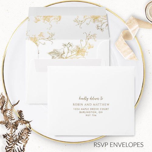 Elegant RSVP White and Gold with Gilded Floral Envelope