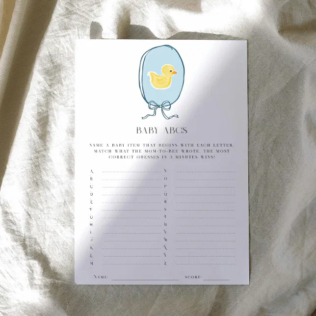 Elegant Rubber Ducky Ribbon ABCs Baby Shower Game | Zazzle