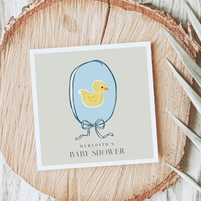 Elegant Rubber Ducky Ribbon Baby Shower Napkins (Elegant meets cute rubber ducky Baby Shower napkins featuring a yellow ducky framed in a blue ribbon)