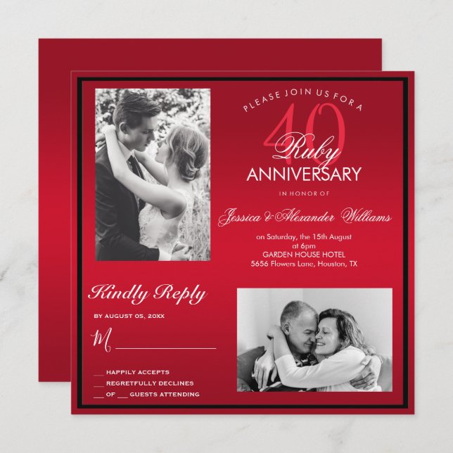 Elegant Ruby 40th Wedding Anniversary Double Photo Invitation (Front/Back)