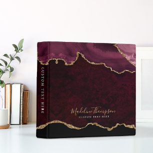 Elegant Ruby Agate Geode Gold Script Typography 3 Ring Binder