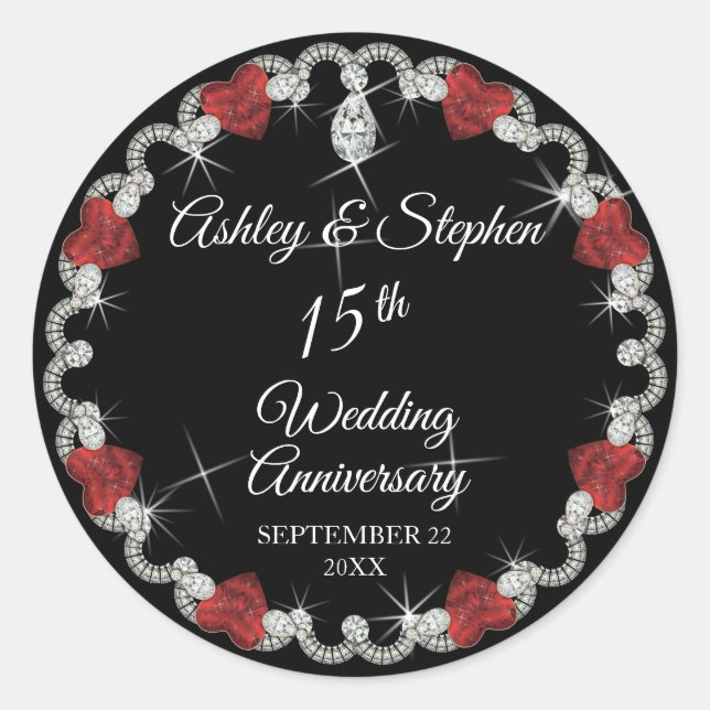 Elegant Ruby and Diamonds 15th Anniversary Classic Round Sticker (Front)