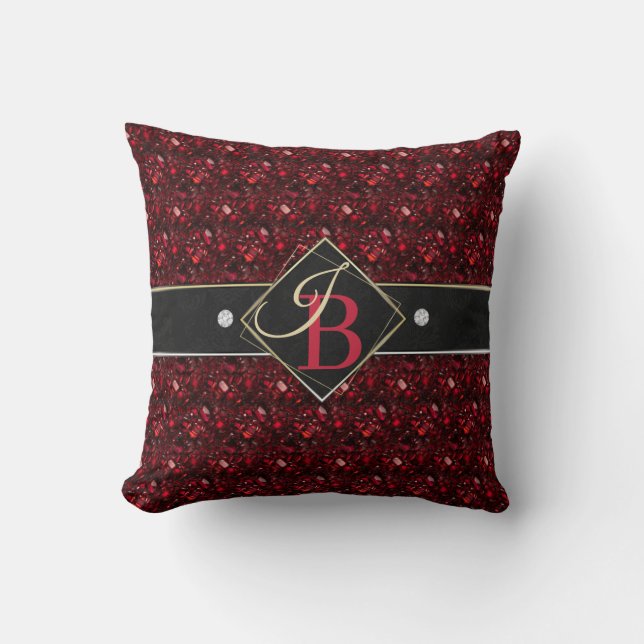 Elegant Ruby and Diamonds on Black Monogram Name Throw Pillow (Front)