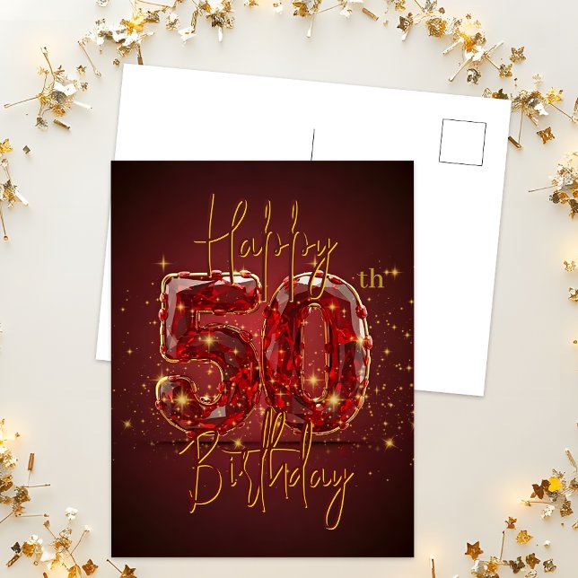 Elegant Ruby and Gold 50th Birthday Celebration Postcard (Creator Uploaded)