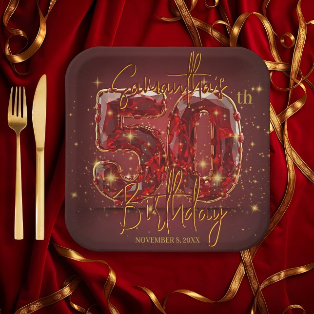 Elegant Ruby and Gold Gemstone 50th Birthday Paper Plates (Creator Uploaded)