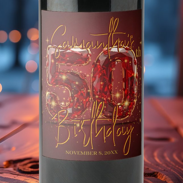 Elegant Ruby and Gold Gemstone 50th Birthday Wine Label (Creator Uploaded)