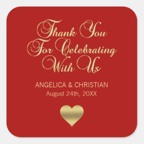 Elegant Ruby Berry Red Gold Thank you Wedding Square Sticker