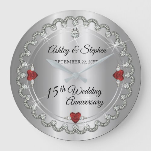 Elegant Ruby  Diamonds 15th Wedding Anniversary Large Clock