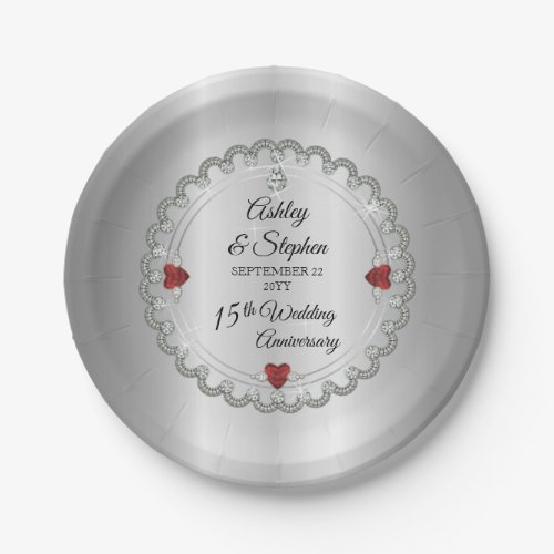 Elegant Ruby  Diamonds 15th Wedding Anniversary Paper Plates
