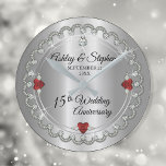 Elegant Ruby | Diamonds 15th Wedding Anniversary Round Clock<br><div class="desc">Opulent elegance frames this 15th wedding anniversary design in a unique scalloped diamond design with center teardrop diamond with heart-shaped ruby accents and faux added sparkles on a silver-tone gradient. Please note that all embellishments are printed and are only made to appear as real as possible in a flat, printed...</div>