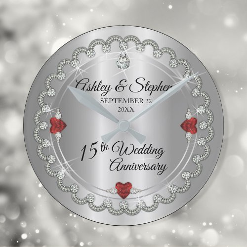 Elegant Ruby  Diamonds 15th Wedding Anniversary Round Clock