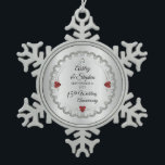 Elegant Ruby | Diamonds 15th Wedding Anniversary   Snowflake Pewter Christmas Ornament<br><div class="desc">Opulent elegance frames this 15th wedding anniversary design in a unique scalloped diamond design with center teardrop diamond with faux heart-shaped rubies and added faux sparkles on a silver-tone gradient. Please note that all embellishments are printed and are only made to appear as real as possible in a flat, printed...</div>