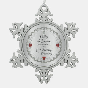 Elegant Ruby Diamonds 15th Wedding Anniversary Snowflake Pewter Christmas Ornament