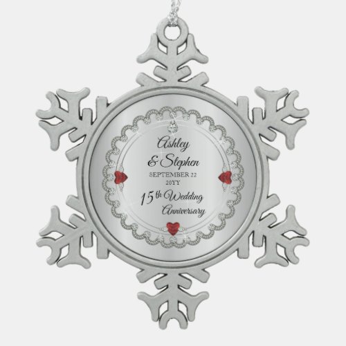Elegant Ruby  Diamonds 15th Wedding Anniversary   Snowflake Pewter Christmas Ornament