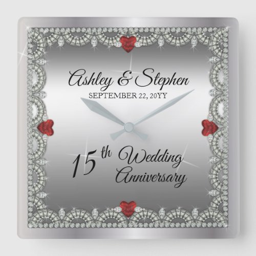 Elegant Ruby  Diamonds 15th Wedding Anniversary Square Wall Clock
