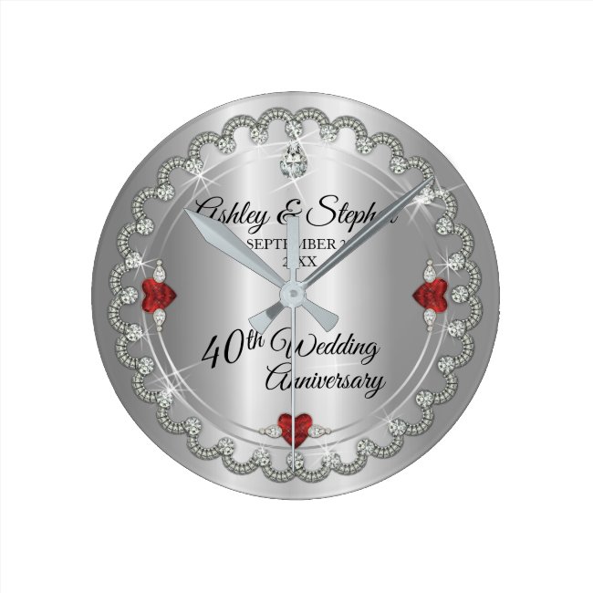 Elegant Ruby | Diamonds 40th Wedding Anniversary Round Clock