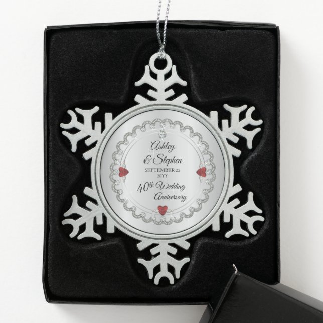 Elegant Ruby | Diamonds 40th Wedding Anniversary  Snowflake Pewter Christmas Ornament (Box)