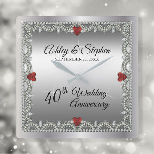 Elegant Ruby   Diamonds 40th Wedding Anniversary Square Wall Clock