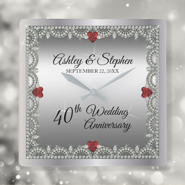 Elegant Ruby | Diamonds 40th Wedding Anniversary Square Wall Clock (Creator Uploaded)