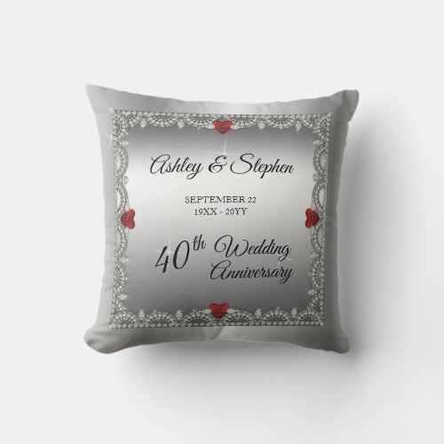 Elegant Ruby  Diamonds 40th Wedding Anniversary Throw Pillow