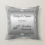 Elegant Ruby | Diamonds 60th Wedding Anniversary  Throw Pillow<br><div class="desc">Opulent elegance frames this 60th wedding anniversary design in a unique scalloped diamond design with center teardrop diamond with heart-shaped ruby accents and faux added sparkles on a silver-tone gradient. Please note that all embellishments are printed and are only made to appear as real as possible in a flat, printed...</div>