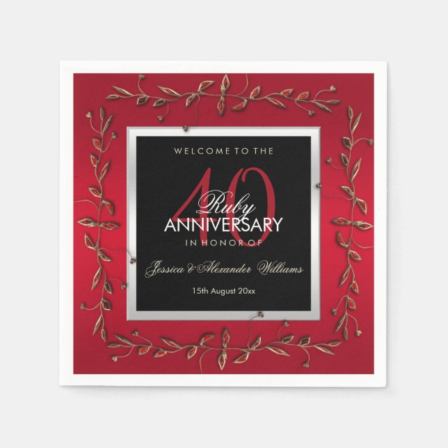 Elegant Ruby Gemstones 40th Wedding Anniversary Napkins (Front)