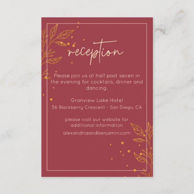 Elegant Ruby Gold Leaf Wedding Reception Enclosure Card (Front)