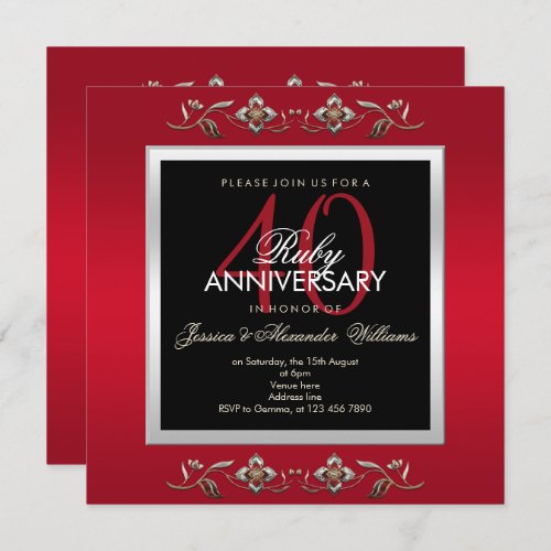 Elegant Ruby Jewels 40th Wedding Anniversary Invitation