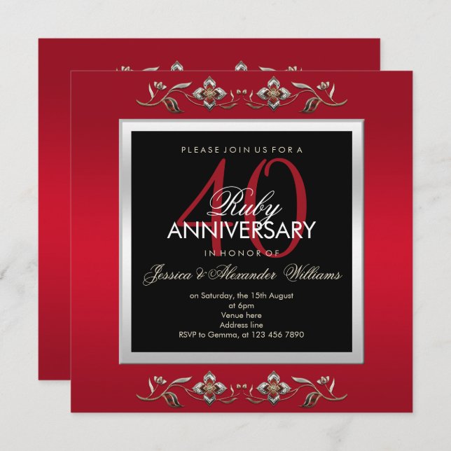 Elegant Ruby Jewels 40th Wedding Anniversary Invitation (Front/Back)