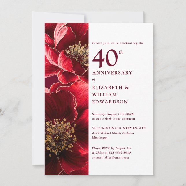Elegant Ruby Red And Gold Floral 40th Anniversary Invitation (Front)