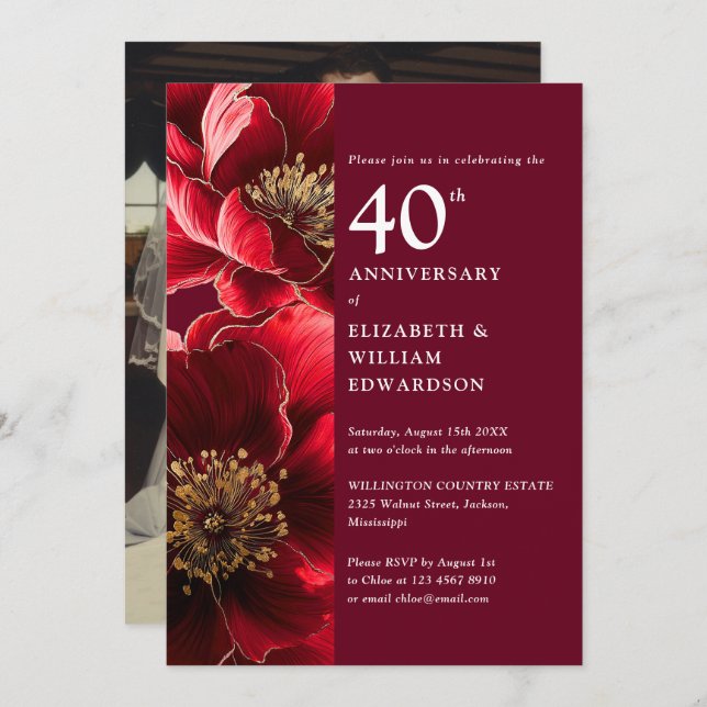 Elegant Ruby Red Floral 40th Anniversary Photo Invitation (Front/Back)